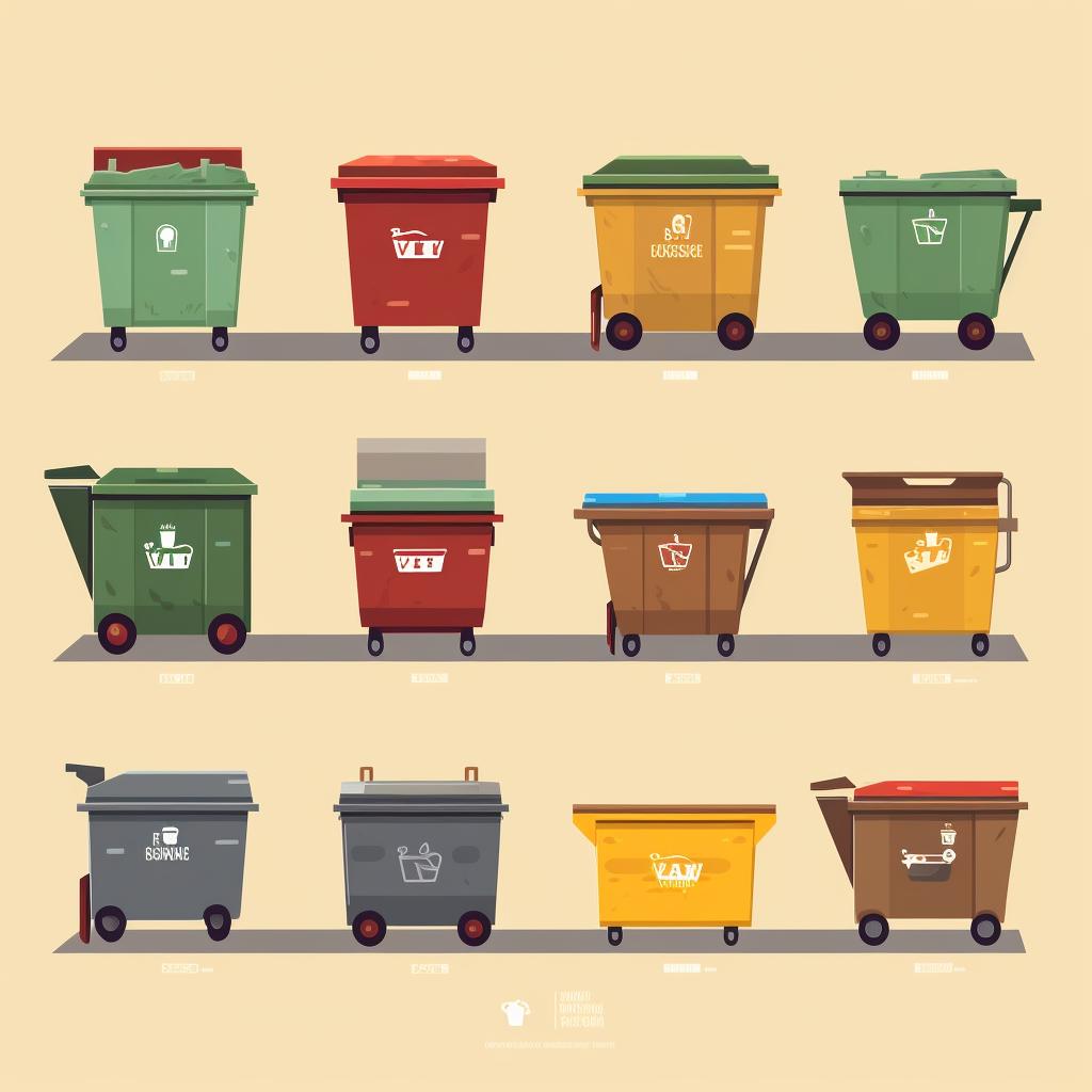 Different sizes of dumpsters with labels